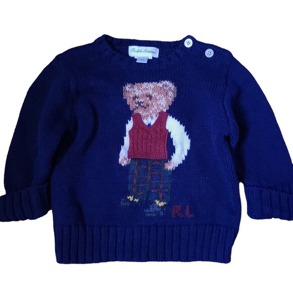 Ralph Lauren Bear Sweater 6 Month Baby Boy Girl Navy Bear in Sweater Vest, Plaid - Picture 1 of 4